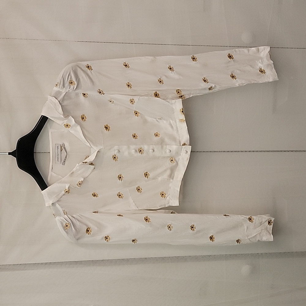 NWT Urban Outfitters White Cropped Button-Up Top with Gold Floral Embroidery